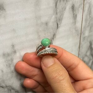 Tibetan Turquoise feather Ring Size 6.5 marked 925 silver Boho round Stone